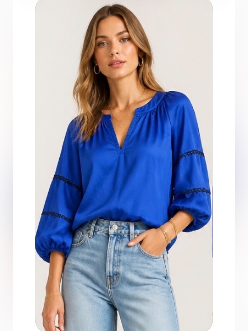 ALEXIS Cobalt Blue Embroidered Trim Puff Sleeve Peasant Blouse Boho NWOT Cotton